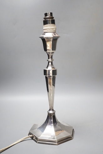 A George V silver mounted table lamp, S. Blanckensee & Sons Ltd, Birmingham, 1928, height 39.5cm.